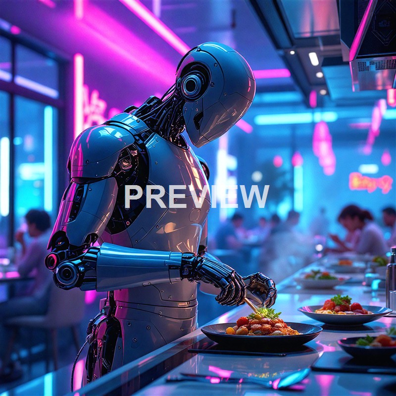 A humanoid robot with a sleek metallic body and a smooth, featureless face is preparing or serving food at a restaurant with vibrant neon pink and blue lighting, and blurred diners in the background.